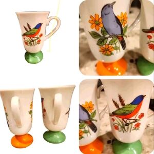 2  Vintage Mid Century Fred Roberts Porcelain Pedestal Song Bird Mugs 1960s Jpn